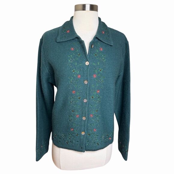 Vintage Sweaters - VTG Karen Scott Green Wool Embroidered Button Front Cardigan Sweater Womens M